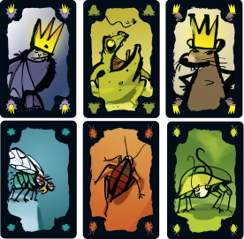 ごきぶりキング Kakerlaken Poker Royal Drei Magier Jacqus Zeimet作プレイ人数 2 6人対象年齢 8歳以上プレイ時間 15 25分 基本ルールは ごきぶりポーカー と同じです 8種類の嫌な動物カードにはそれぞれ1枚ずつ王冠が描かれたキングの